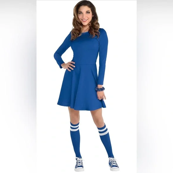 blue long sleeve fit and flare dress Long sleeves fit and flare maxi chiffon dress 4998 – Xiaolizi main image 0